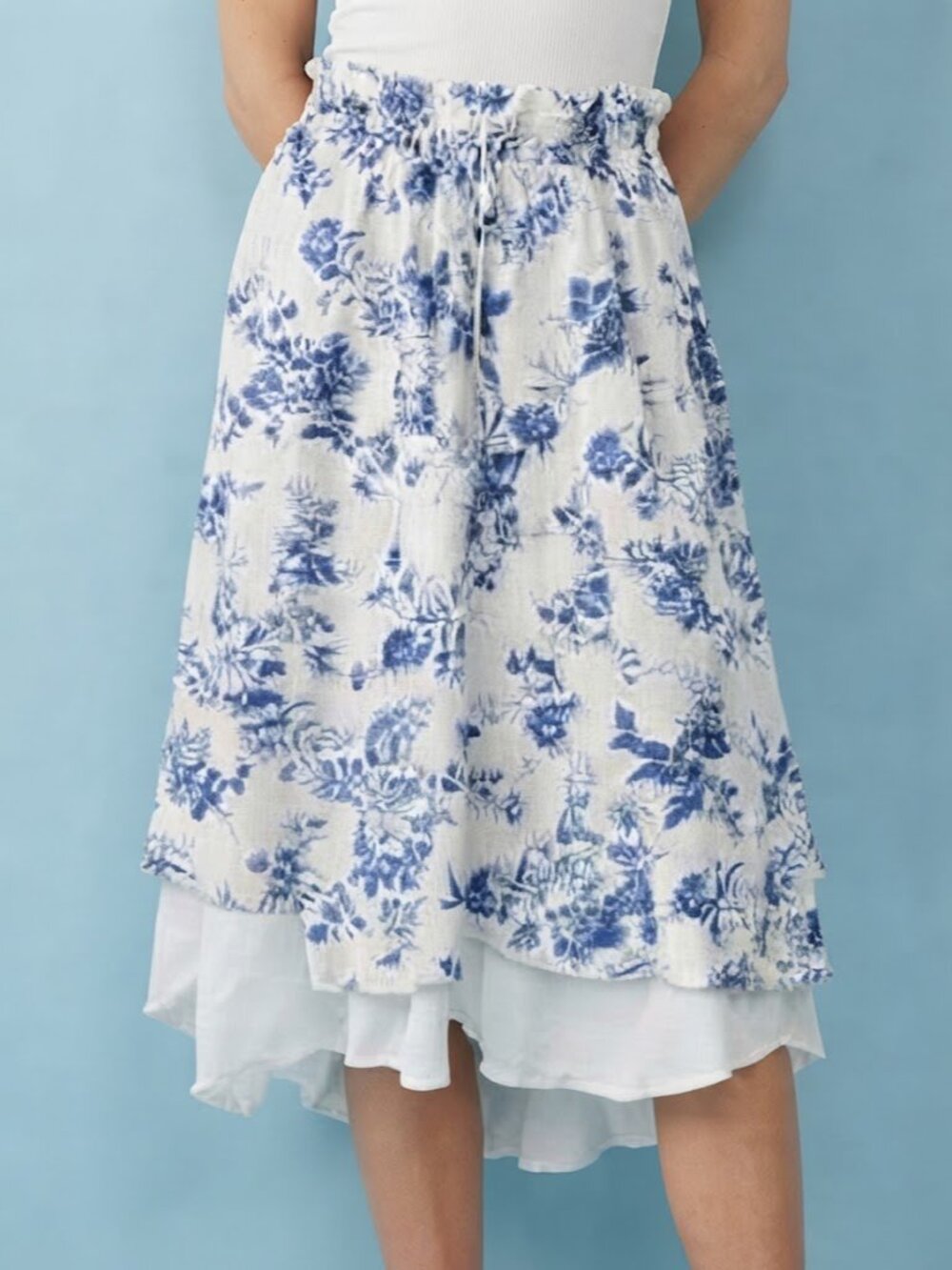 White Blue Floral Print Midi Skirt